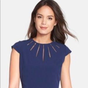 Adrianna papelle navy dress, statement neckline